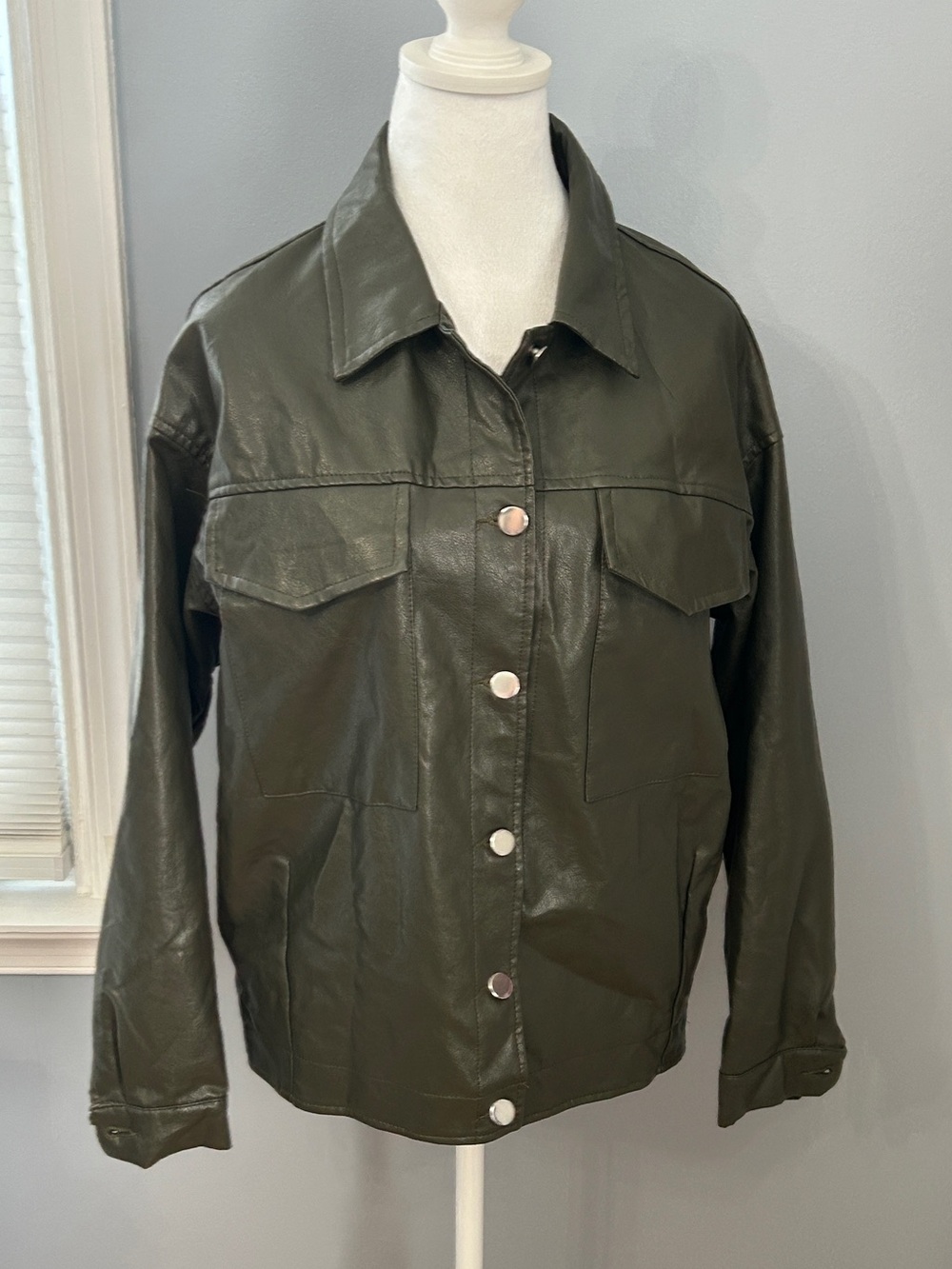 Princess Poly Faux Leather Jacket Women's Size 2 Olive Green Button Oversized